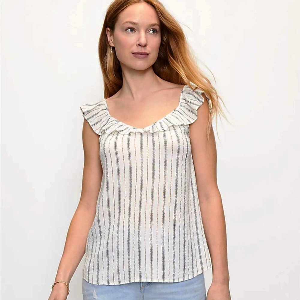NEW Loft L Cream Ivory Shimmer Striped Ruffle V Neck Blouse Top Boho